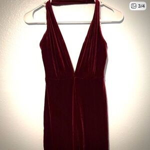 Red Velvet Deep V-Neck Halter Jumpsuit, capri, stretchy fabric, hugs silhouette